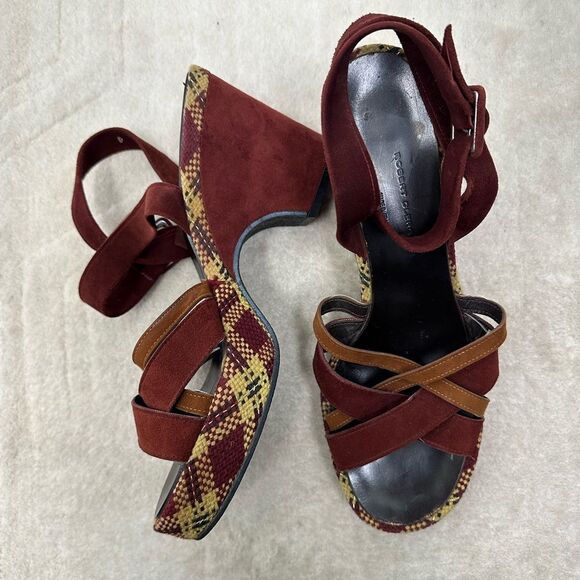 Robert Clergerie Burgundy Red Suede Plaid Platform Strappy Heel Sandals Size 39 - Picture 1 of 11